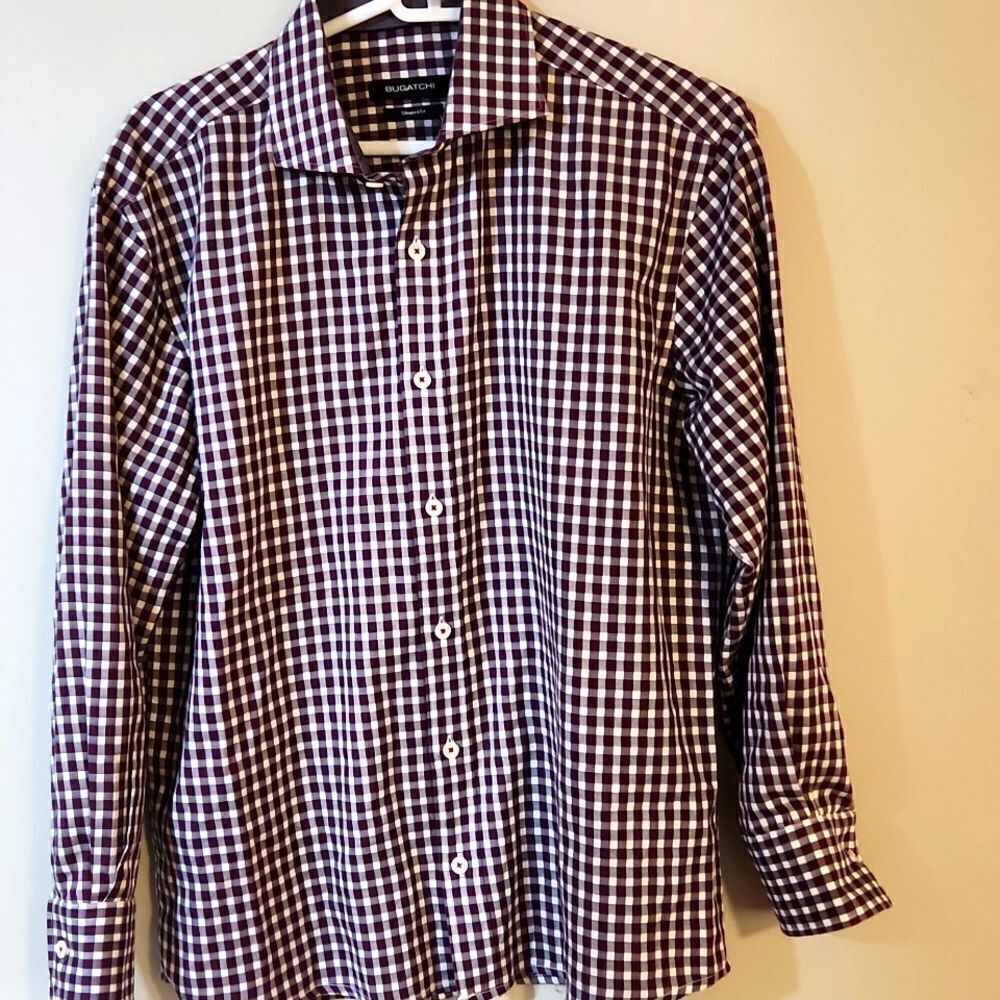Bugatchi shaped fit shirt top button down plaid gingham work shirt small medium